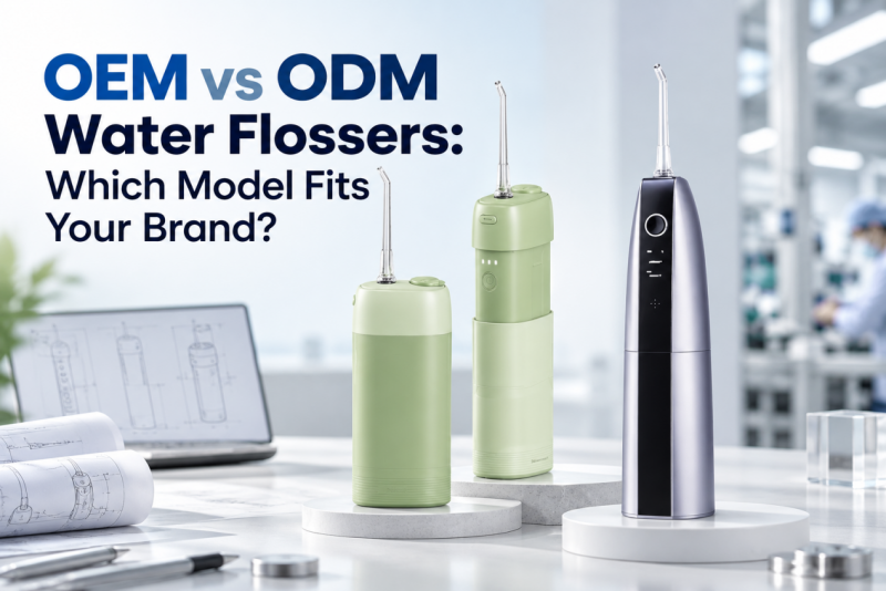 OEM vs ODM water flossers displayed with product design sketches in a manufacturing setting.