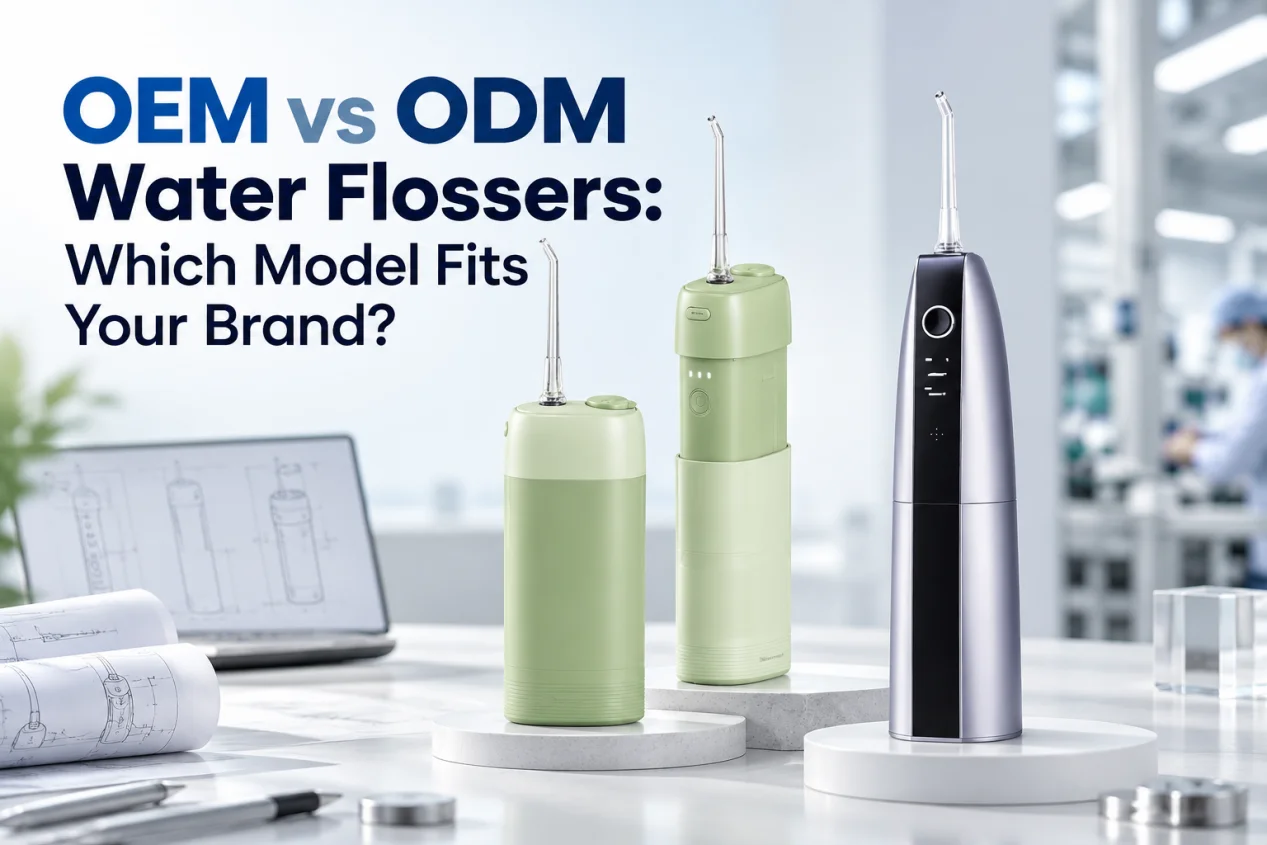 OEM vs ODM water flossers displayed with product design sketches in a manufacturing setting.
