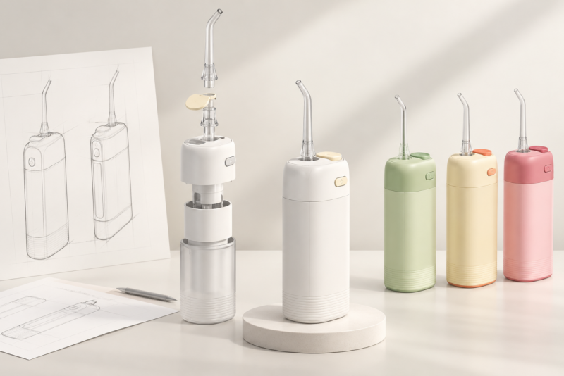 OEM water flosser customization with exploded product view, design sketches, and multiple color options.