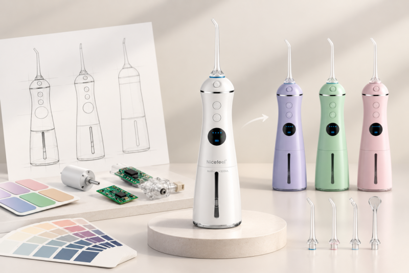 ODM water flosser development with product design sketches, components, and color customization options.